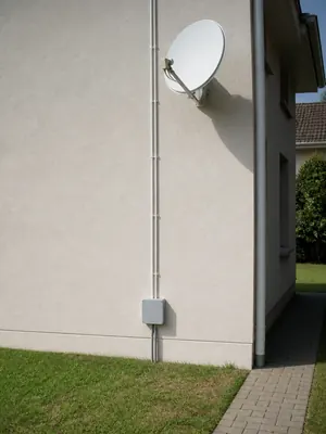 Tidy coaxial cable run and weatherproof junction box on an exterior wall