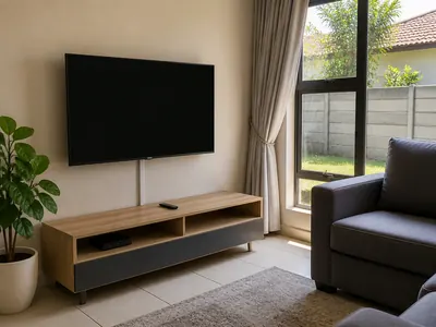 Decoder and wall-mounted TV set up in a family lounge