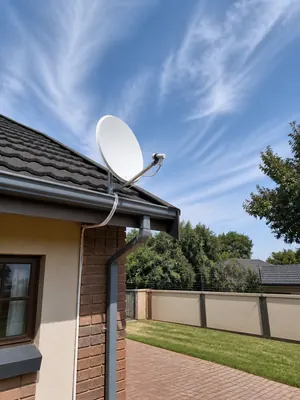 Satellite dish bracket-mounted at the edge of a concrete tiled roof