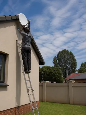 Installer on a ladder fitting a satellite dish to the side wall of a suburban home