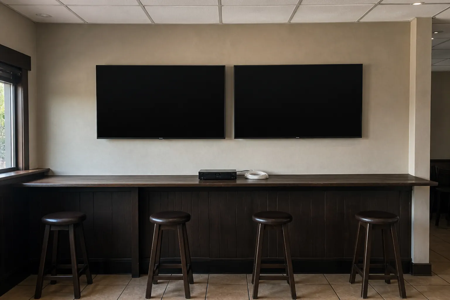 Two wall-mounted screens fed from one satellite dish in a business bar area
